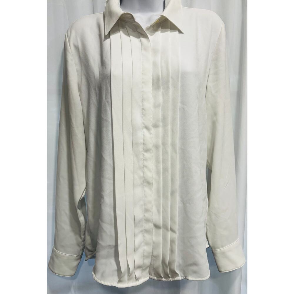 Lauren Ralph Lauren Size 8 Ivory Pleated Front Button Down Blouse Tuxedo Style